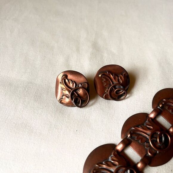 Vintage Copper Leaf Scroll Bracelet & Clip On Earrings Set Retro - Picture 4 of 8